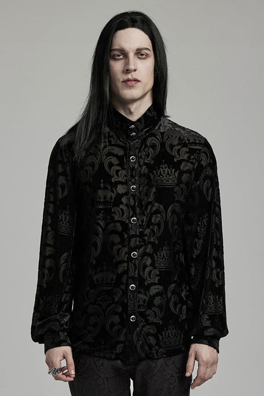 Black Stand Collar Puff Sleeves Jacquard Print Gothic Blouse