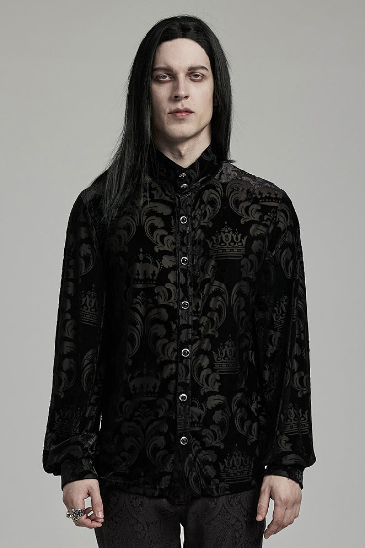 Black Stand Collar Puff Sleeves Jacquard Print Gothic Blouse