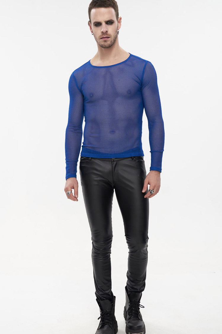 Blue Gothic Elasticity High Neck Long Sleeve Mesh Shirt