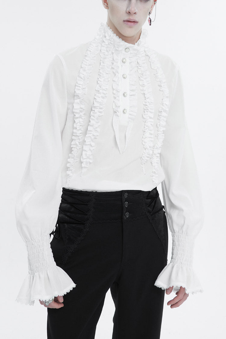 White Irregular Stand Collar Puff Sleeved Ruffled Gothic Shirt
