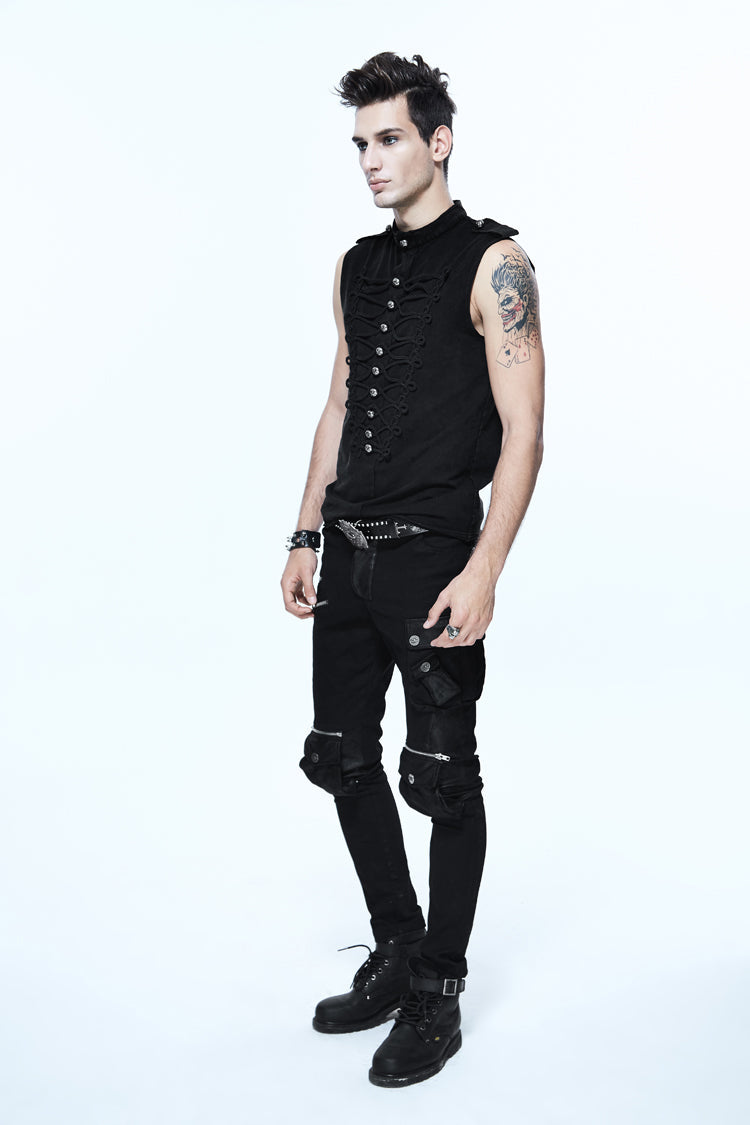 Black Military Uniform Style Chest Chinese Frog Button Sleeveless Punk T-shirt