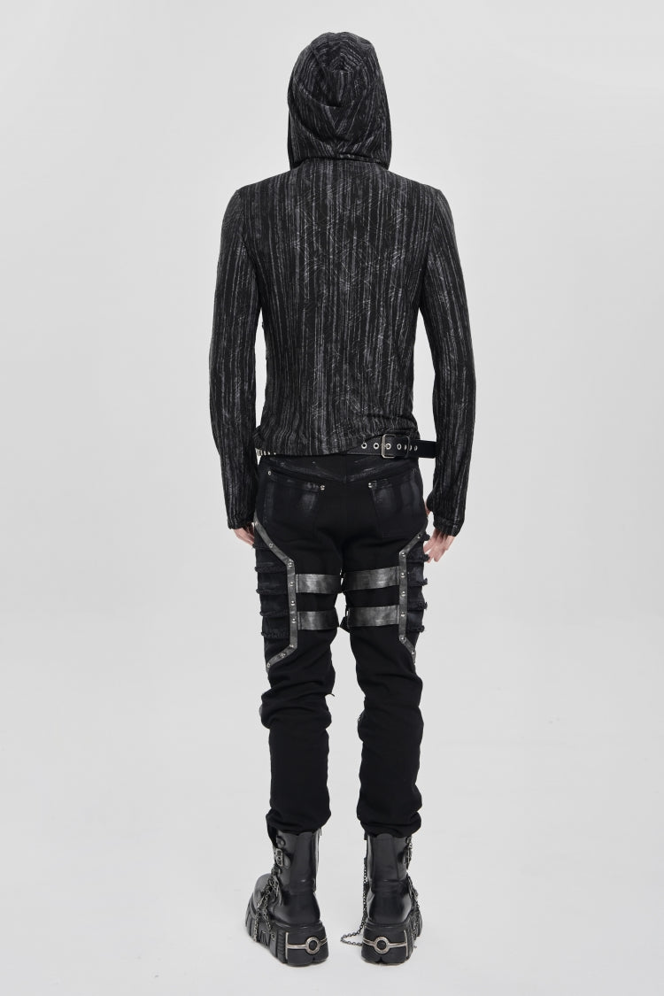 Black Long Sleeves Irregular Hooded Straps Eyelet Punk Blouse