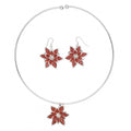 Christmas Holiday Poinsettia Crystal Red Flower Pendant Necklace and Earrings Set
