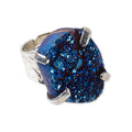 Adjustable Silver Plated Electric Blue Druzy Agate Gemstone Cocktail Ring