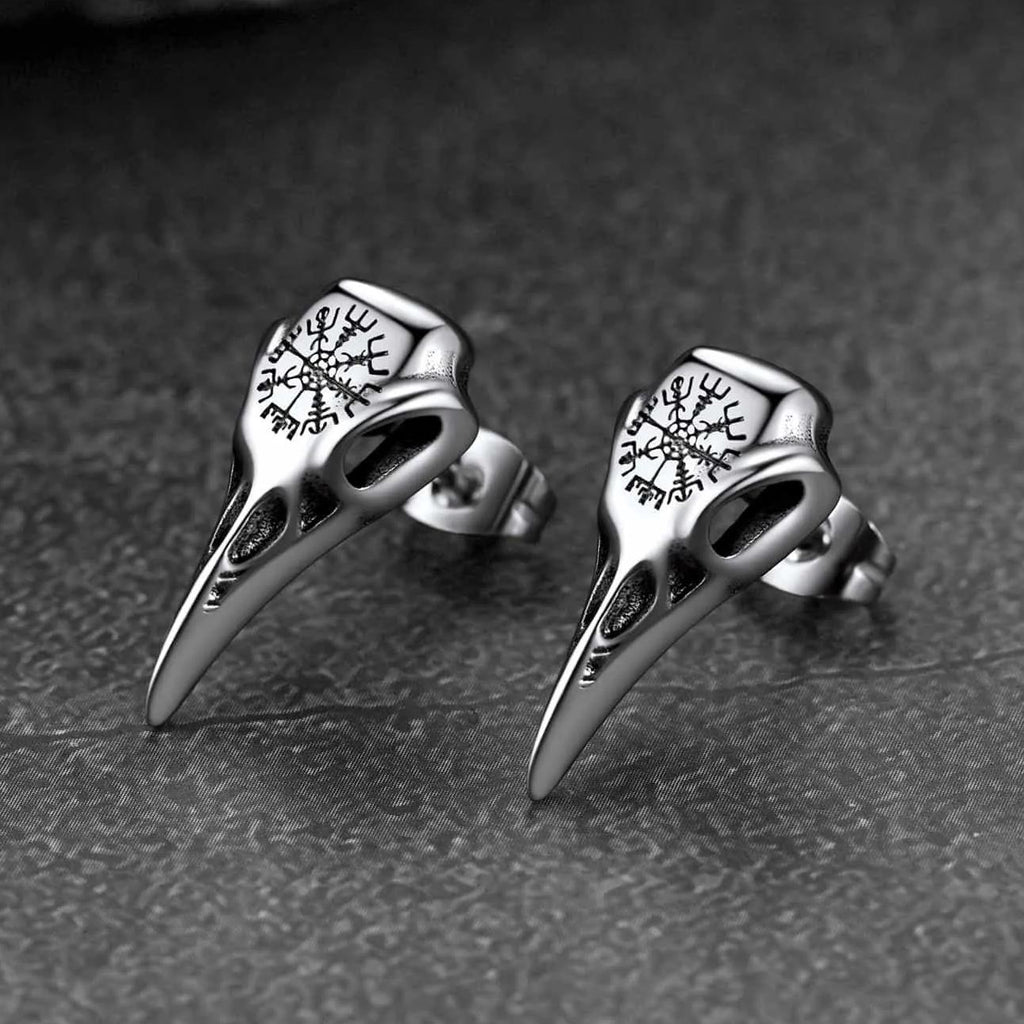Viking Raven Skull Stud Earrings With Viking Vegvisir for