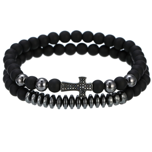 Bracelet Natural Lava Stone Beads With Cross / Alternative Jewelry