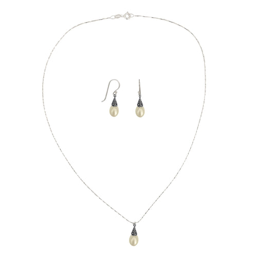Antiqued Sterling Silver Crystal Marcasite Pearl Pendant Necklace and Earring Jewelry Set
