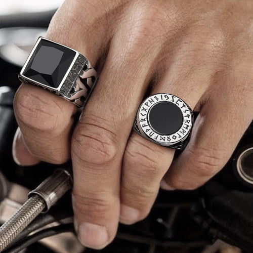 Black Onyx Signet Ring With Viking Runes for
