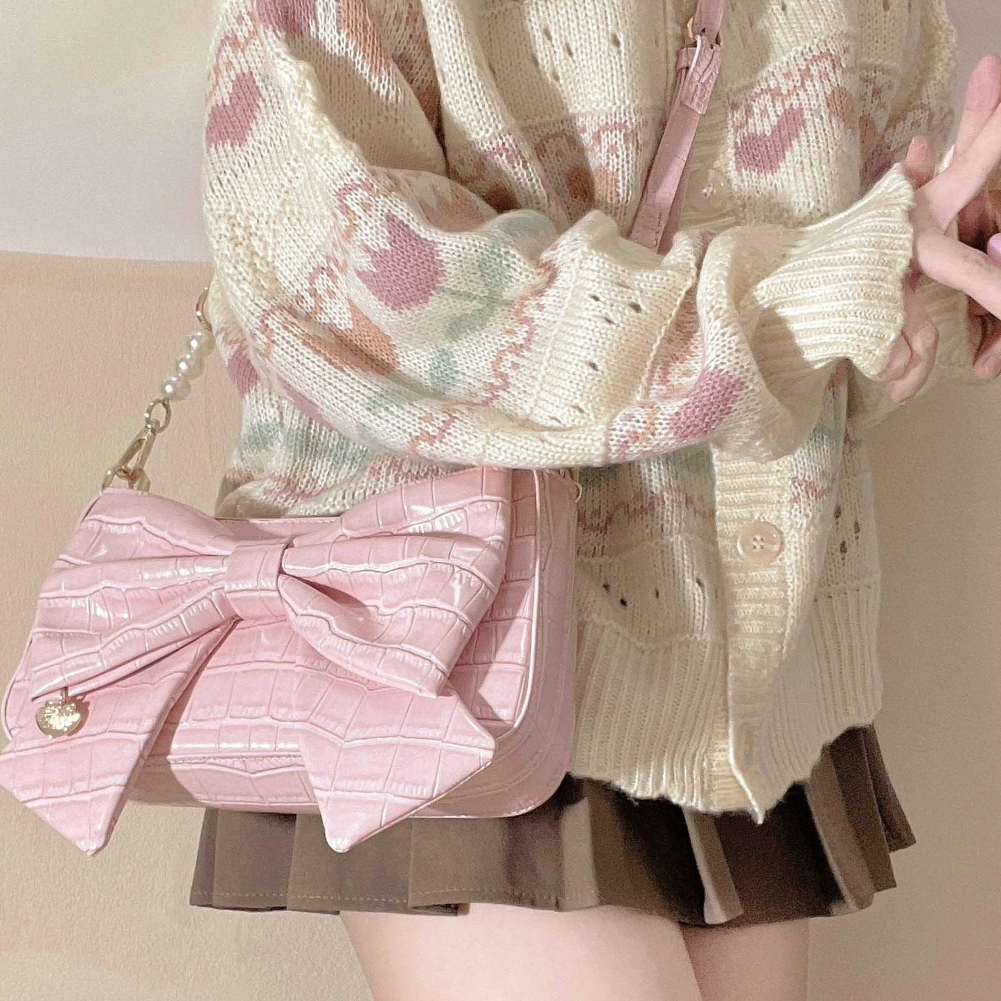 Heart Charm Bow Bag [short & Pearl Long Strap Included]