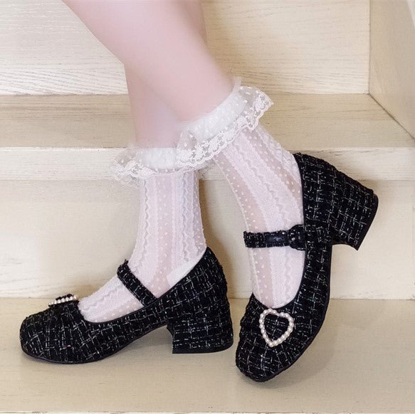 Tweed Pearl Decoration One Strap Girly Shoes