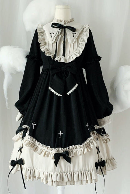 Ruffle Stand Collar Cross Bow Dress