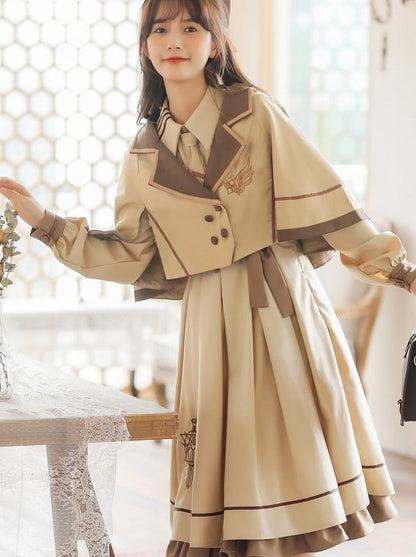 Cape Coat + Emblem Military Dress With Necktie