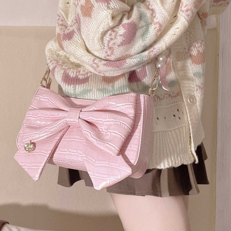 Heart Charm Bow Bag [short & Pearl Long Strap Included]