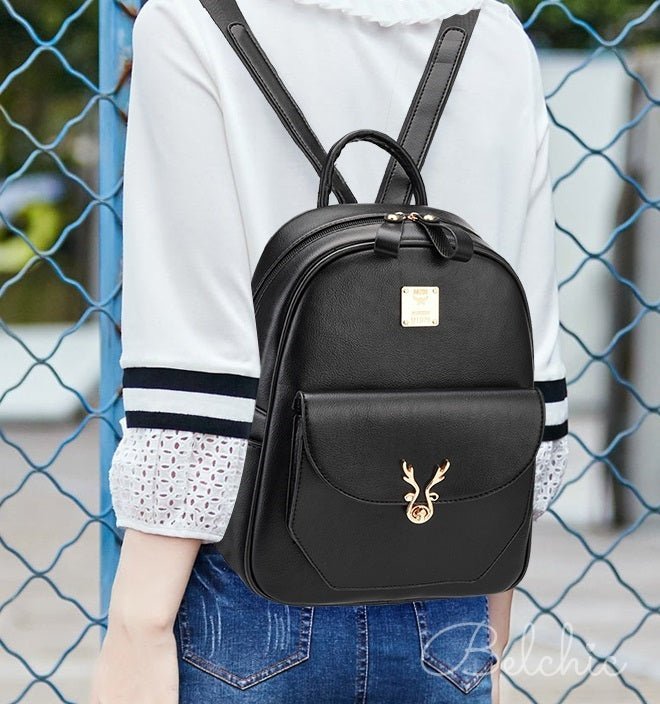 Reindeer Motif Leather-look Logo Plate Backpack