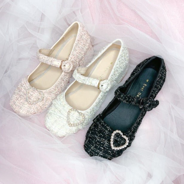 Tweed Pearl Decoration One Strap Girly Shoes