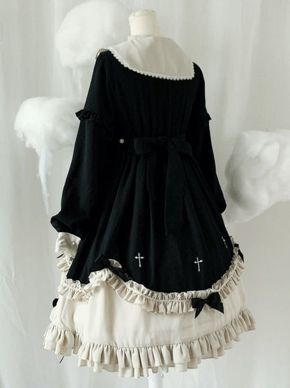 Ruffle Stand Collar Cross Bow Dress