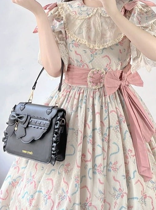 Side Ruffle Heart Ribbon Flap Bag