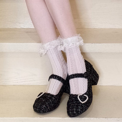 Tweed Pearl Decoration One Strap Girly Shoes