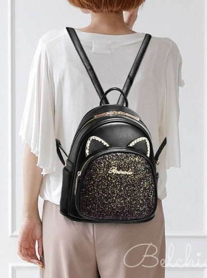 Cat Motif Glitter Backpack