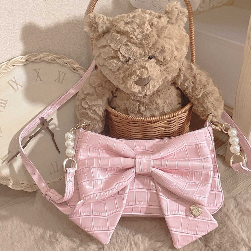 Heart Charm Bow Bag [short & Pearl Long Strap Included]