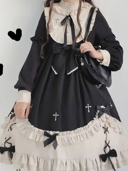 Ruffle Stand Collar Cross Bow Dress