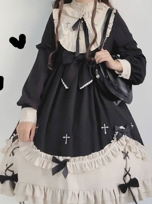Ruffle Stand Collar Cross Bow Dress