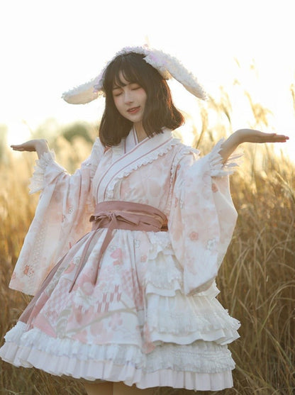 Japanese Cherry Blossom Tiered Dress With Obi Belt