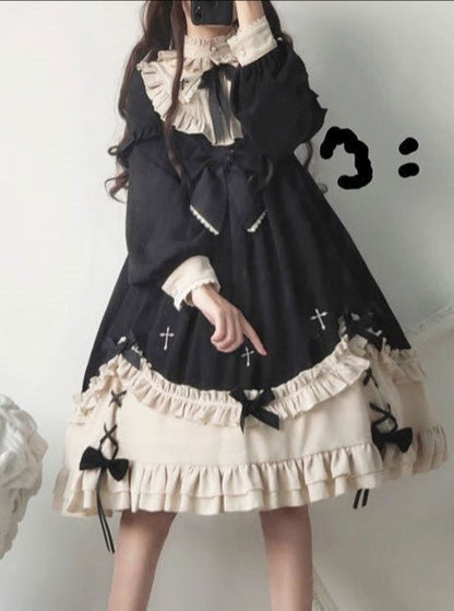 Ruffle Stand Collar Cross Bow Dress