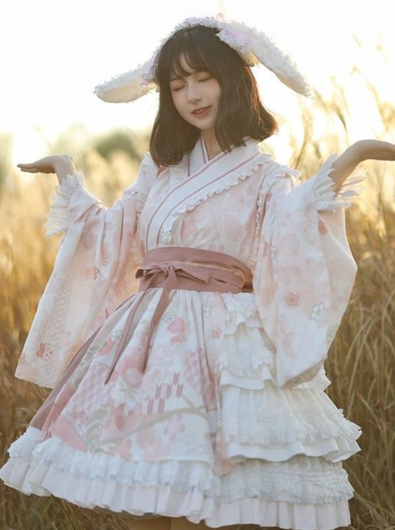 Japanese Cherry Blossom Tiered Dress With Obi Belt