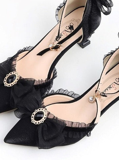 Pearl Strap Chiffon Lace Design Pumps