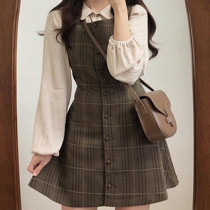 Plaid Retro Jumper Skirt With Square Neckline
