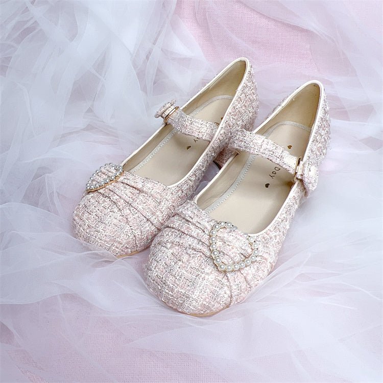 Tweed Pearl Decoration One Strap Girly Shoes