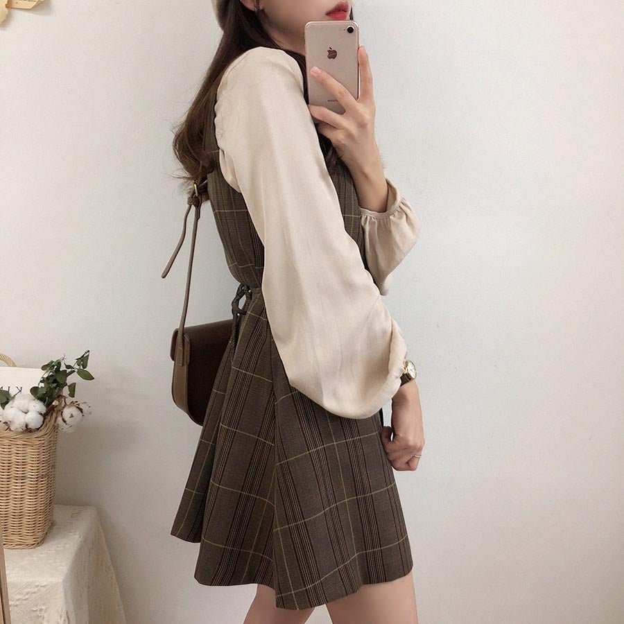 Plaid Retro Jumper Skirt With Square Neckline