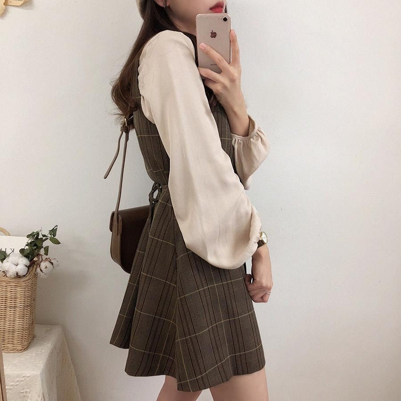 Plaid Retro Jumper Skirt With Square Neckline