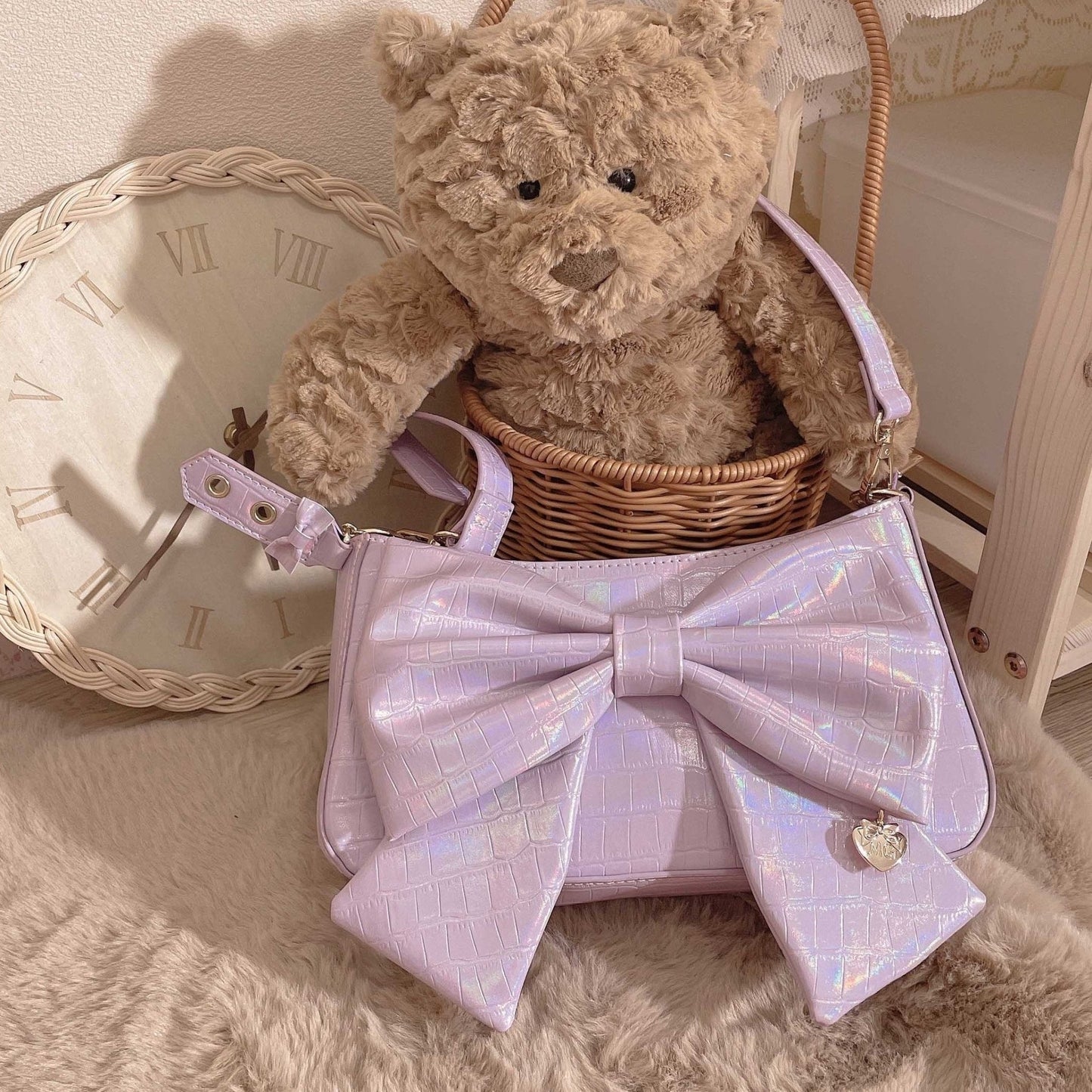 Heart Charm Bow Bag [short & Pearl Long Strap Included]
