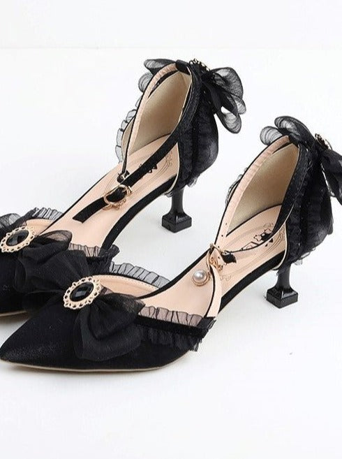 Pearl Strap Chiffon Lace Design Pumps