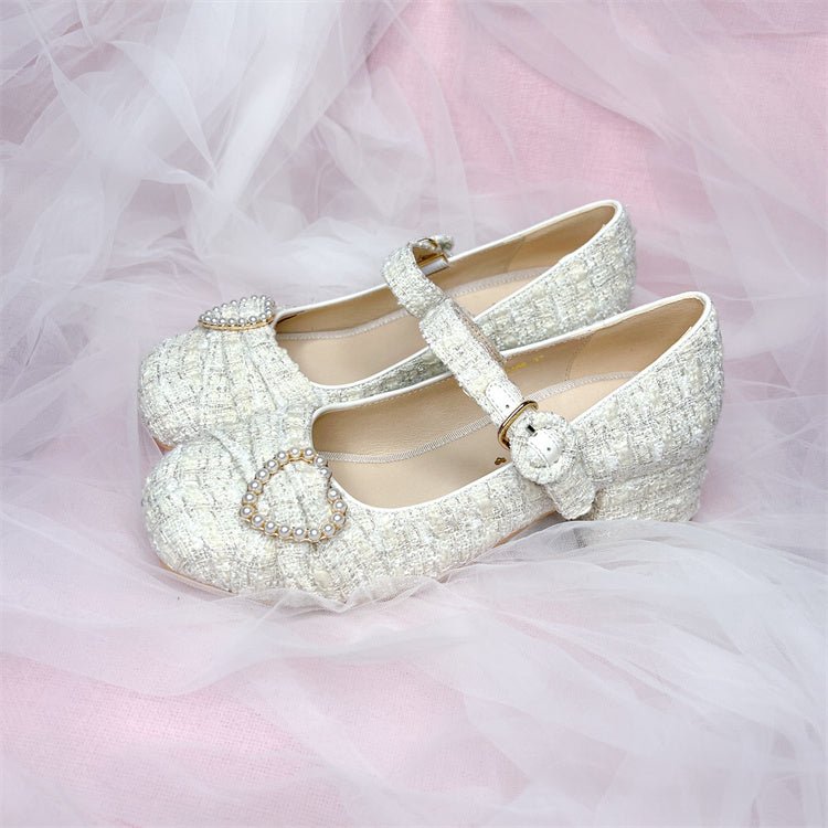 Tweed Pearl Decoration One Strap Girly Shoes