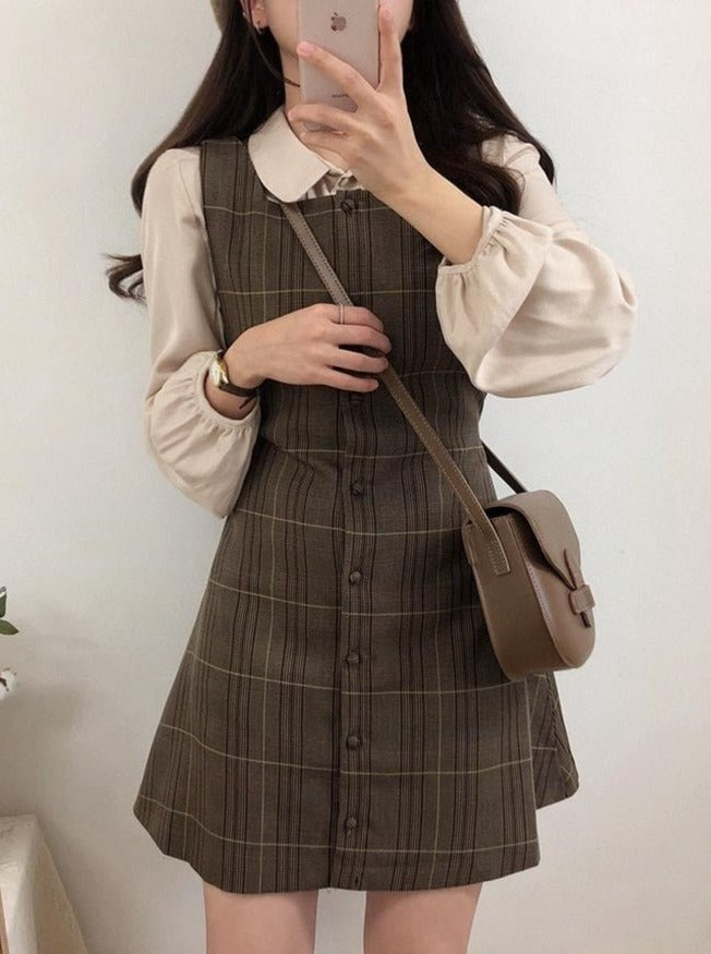 Plaid Retro Jumper Skirt With Square Neckline