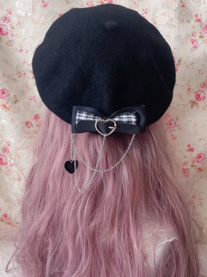 Heart Ring Chain Strap Beret With Bow