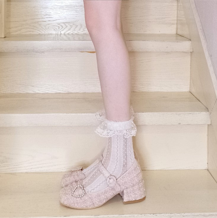 Tweed Pearl Decoration One Strap Girly Shoes