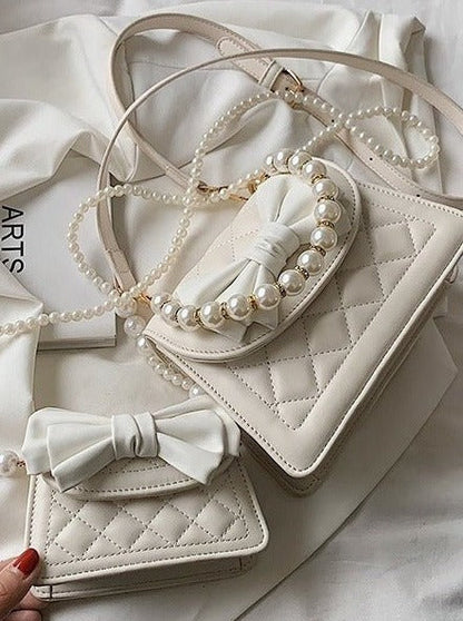 Pearl Handle Quilted Bow Shoulder Bag