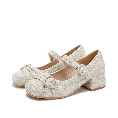 Tweed Pearl Decoration One Strap Girly Shoes