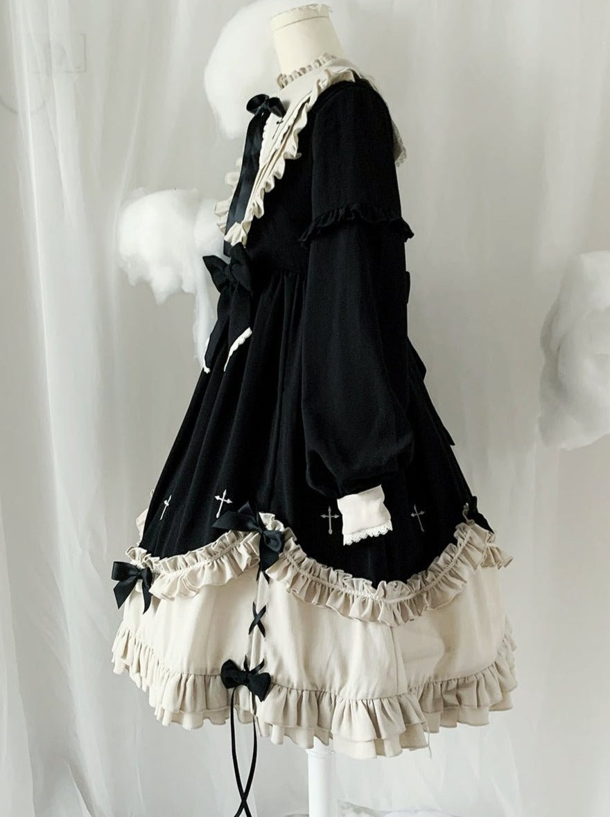Ruffle Stand Collar Cross Bow Dress