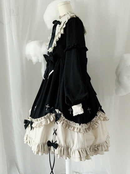Ruffle Stand Collar Cross Bow Dress