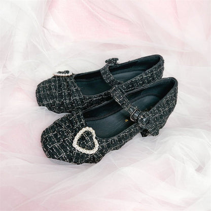 Tweed Pearl Decoration One Strap Girly Shoes