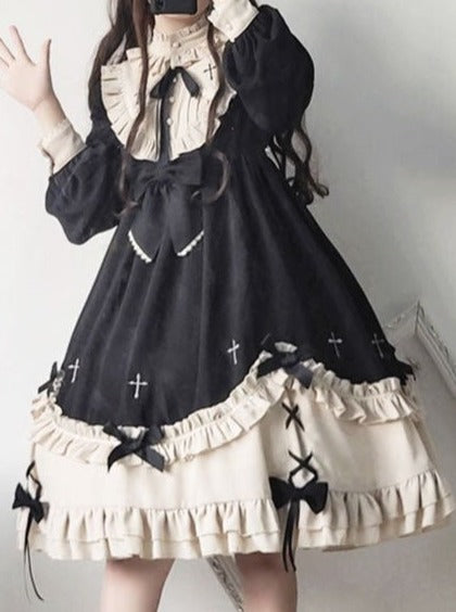 Ruffle Stand Collar Cross Bow Dress