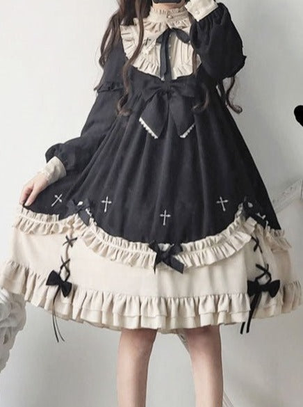 Ruffle Stand Collar Cross Bow Dress