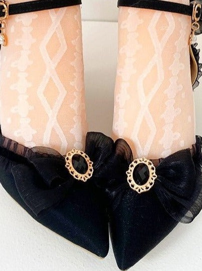 Pearl Strap Chiffon Lace Design Pumps