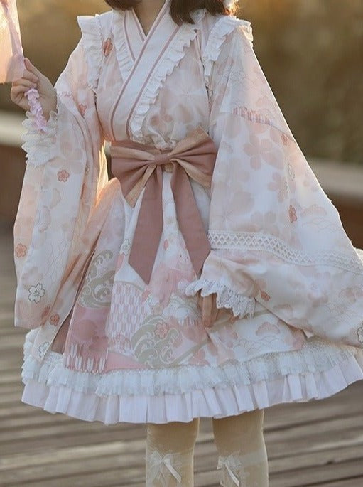 Japanese Cherry Blossom Tiered Dress With Obi Belt