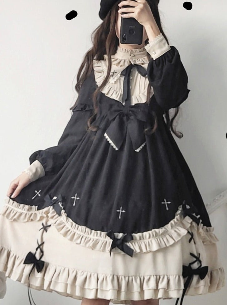 Ruffle Stand Collar Cross Bow Dress